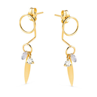 18K PENDIENTES ORO AMARILLO EAR JACKETCON CIRCULO, HOJA Y PIEDRA AZUL 27X7 MM. CIERRE PRESION