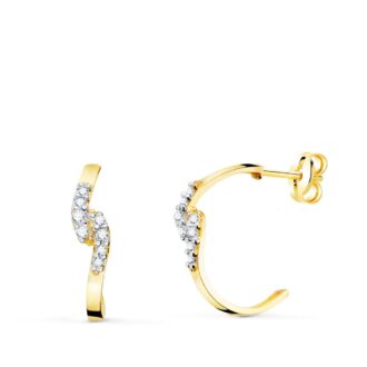 18K PENDIENTES ORO BICOLOR MEDIA ARO CUADRADO CON CIRCONITAS 15X3 MM PRESION