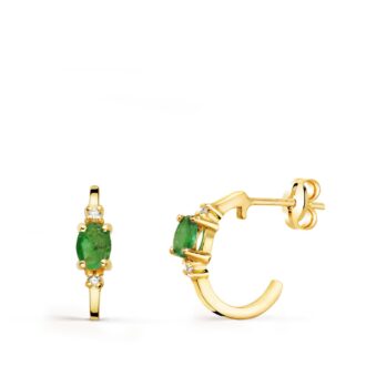 18K PENDIENTES ORO AMARILLO MEDIO ARO LISO CON ESMERALDAS 12X3 MM PRESION.