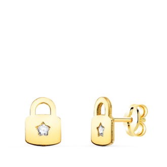 18K PENDIENTES ORO AMARILLO CANDADO CON CIRCONITA CIERRE PRESION 8 X 6 MM
