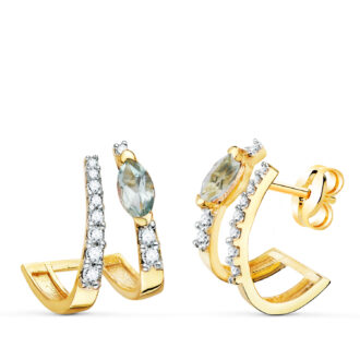 18K PENDIENTES ORO AMARILLO BANDAS CON CIRCONITAS Y TOPACIO AZUL 15 X 11MM PRESION