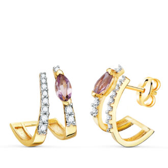 18K PENDIENTES ORO BICOLOR MARQUIS AMATISTA NATURAL 6X3 MM Y CIRCONITAS TOTAL 16X13 MM CIERRE PRESION