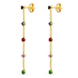 18K PENDIENTES ORO AMARILLO LARGOS CON CADENA Y CIRCONITAS COLORES 39 MM. CIERRE PRESION