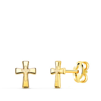 18K PENDIENTES ORO AMARILLO CRUZ EN BRILLO 6 X 4,5 MM. CIERRE PRESION