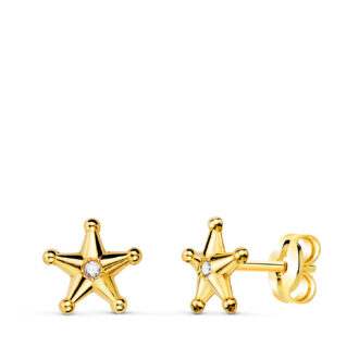 18K PENDIENTES ORO AMARILLO ESTRELLA SHERIFF CON BOLITAS Y CIRCONITAS. 7X7 MM CIERRE PRESION