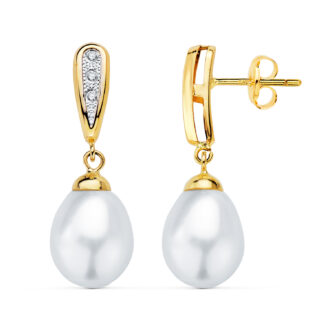 18K PENDIENTES ORO BICOLOR DOS CUERPOS CON PERLAS Y CIRCONITAS 25 X 9MM PRESION