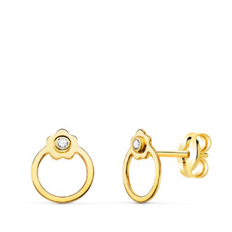 18K PENDIENTES ORO AMARILLO REDONDOS CON FLOR Y CIRCONITA. CIERRE PRESION 8 X 6 MM