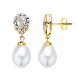 18K PENDIENTES ORO BICOLOR DOS CUERPOS CON PERLAS Y CIRCONITAS 25 X 8MM PRESION