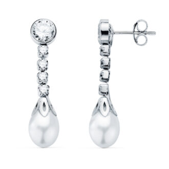 18K PENDIENTES ORO BLANCO PERLA Y CHATON CON CIRCONITAS 27 X 6.5MM. CIERRE PRESION
