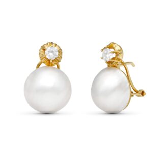 18K PENDIENTES ORO BICOLOR PERLA JAPONESA 14-14.5 MM CIERRE OMEGA