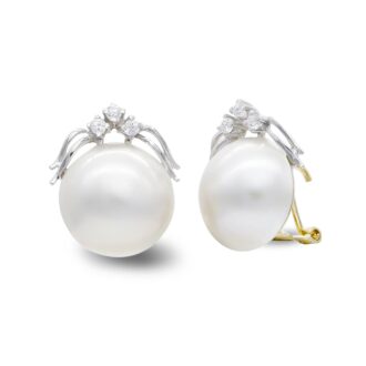 18K PENDIENTES ORO BICOLOR PERLA JAPONESA 14-16 MM Y CIRCONITAS