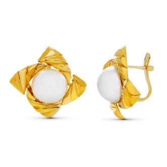 18K PENDIENTES ORO AMARILLO MEDIA PERLA 4 HOJAS