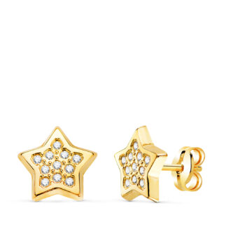 18K PENDIENTES ORO AMARILLO ESTRELLAS CON CIRCONITAS 9X9 MM. CIERRE PRESION