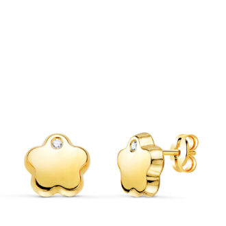 18K PENDIENTES ORO AMARILLO FLOR CON CIRCONITAS BRILLO 7X7 MM. CIERRE PRESION