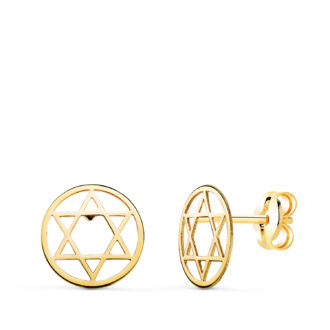 18K PENDIENTES ORO AMARILLO REDONDOS ESTRELLA DE DAVID BRILLO 8 MM. CIERRE PRESION