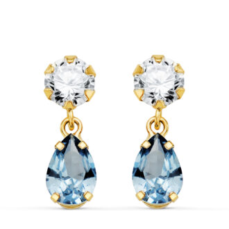 18K PENDIENTES ORO AMARILLO DOS CUERPOS CON CIRCONITA Y AGUAMARINA LAGRIMA 16 X 5MM. CIERRE PRESION