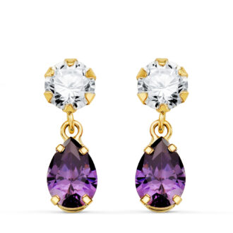 18K PENDIENTES ORO AMARILLO DOS CUERPOS CON CIRCONITA Y AMATISTA LAGRIMA 16 X 5MM. CIERRE PRESION