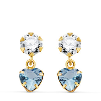 18K PENDIENTES ORO AMARILLO DOS CUERPOS CON CIRCONITA Y AGUAMARINA CORAZON 14 X 5MM. CIERRE PRESION