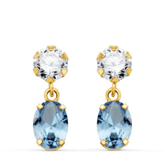 18K PENDIENTES ORO AMARILLO DOS CUERPOS CON CIRCONITA Y AGUAMARINA OVAL 16 X 5MM. CIERRE PRESION