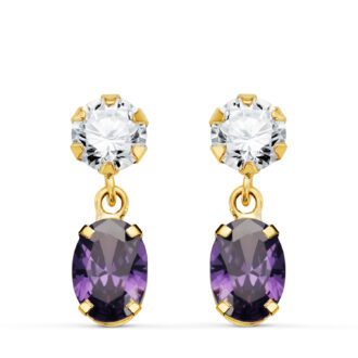 18K PENDIENTES ORO AMARILLO DOS CUERPOS CON CIRCONITA Y AMATISTA OVAL 16 X 5MM. CIERRE PRESION