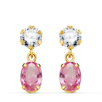 18K PENDIENTES ORO AMARILLO DOS CUERPOS CON CIRCONITA Y PIEDRA ROSA OVAL 16 X 5MM. CIERRE PRESION