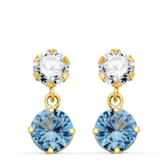 18K PENDIENTES ORO AMARILLO DOS CUERPOS CON CIRCONITA Y AGUAMARINA REDONDA 15 X 6MM. CIERRE PRESION