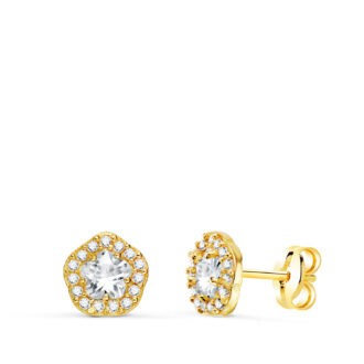 18K PENDIENTES ORO AMARILLO FLOR CIRCONITAS BLANCAS 7 X 6,5 MM. CIERRE PRESION