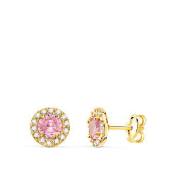 18K PENDIENTES ORO AMARILLO REDONDOS CIRCONITAS Y PIEDRA ROSA 6,5 MM. CIERRE PRESION
